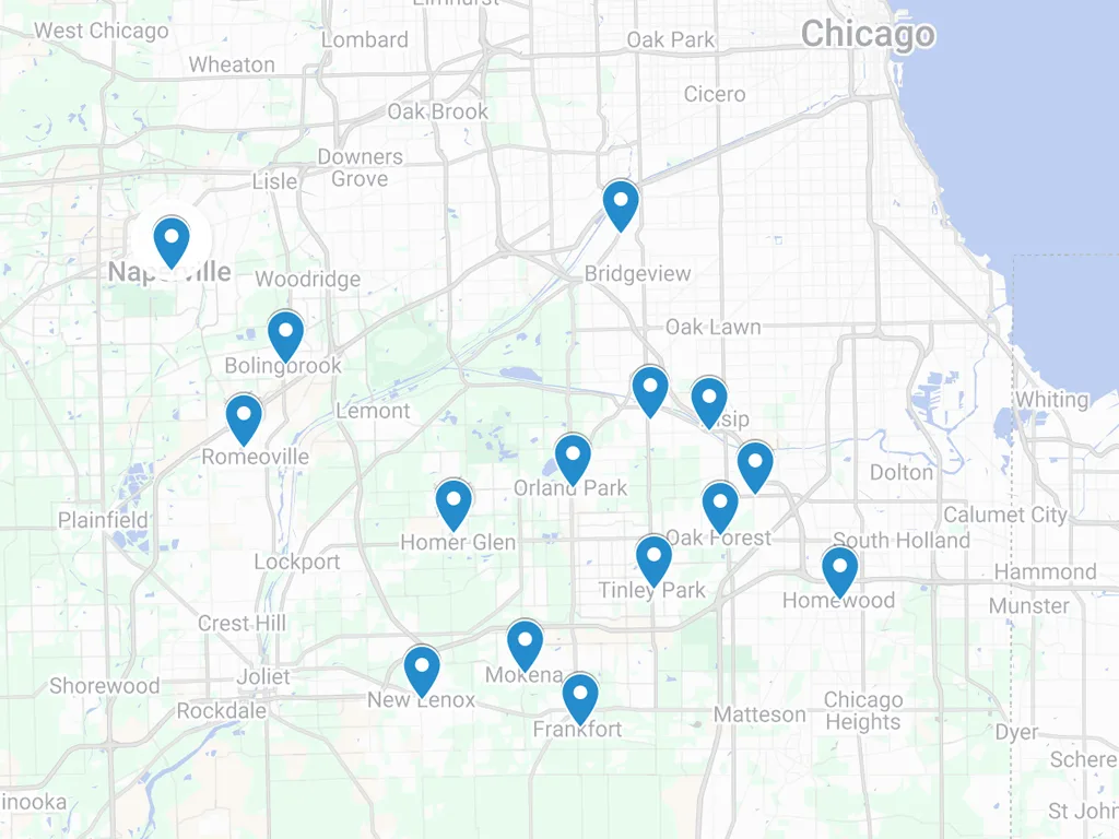 durable roofing service area map of southwest chicago suburbs
