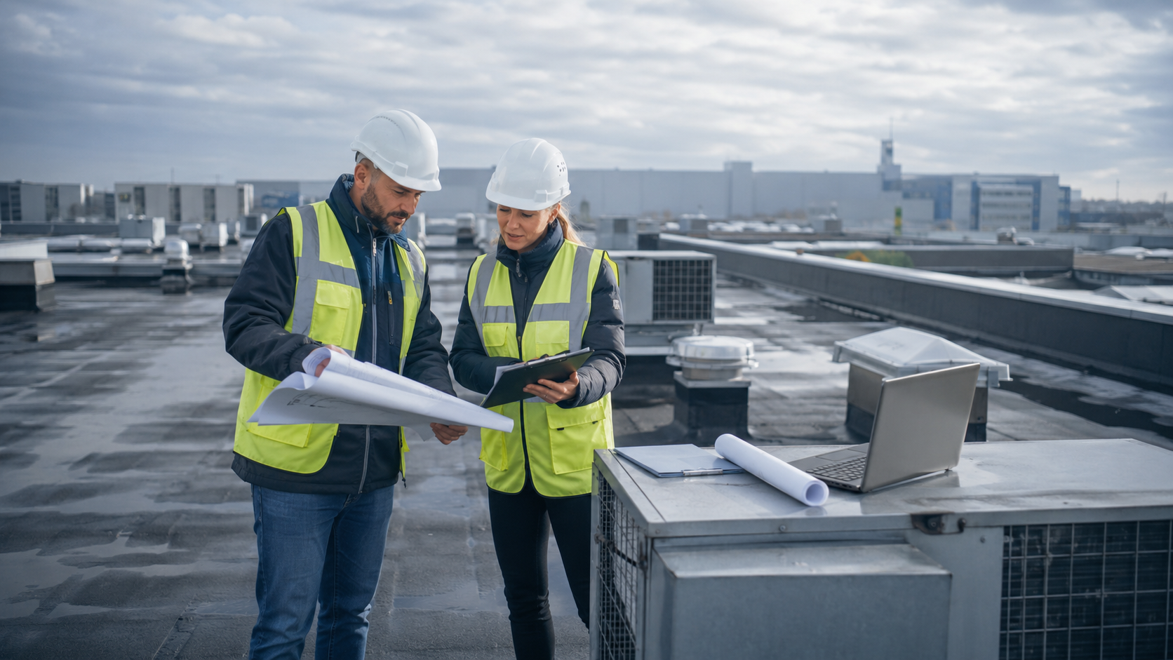 Industrial roof project planning by Durable Roofing team